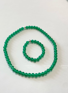 翡翠绿色手串3mm细细圆珠指环戒指一套 优化玉髓满色手串弹力款