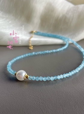 独家设计海蓝宝色系串珍珠颈链清新优雅锁骨链短项链日韩2026新款