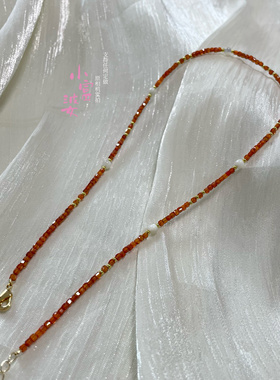 方糖水晶橘红细闪串珠项链锁骨链女秋冬叠戴天然白蝶贝母方块显白