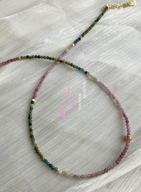 新款天然水晶彩虹碧玺无优化级细2mm刻面女款锁骨链细项链百搭款