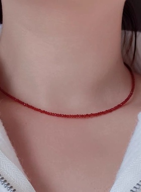 2025新年红水晶2mm尖晶石极细轻奢风女款小土豆倪妮同款锁骨项链