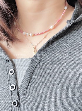 张元英同款粉色蔷薇石天然淡水珍珠项链女锁骨链温柔红纹石色米珠
