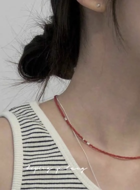 沙滩风莫兰迪南红色玛瑙项链 纯银圆珠子锁骨链女百搭夏季连衣裙