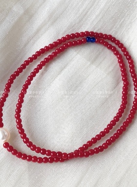 原创中式风极细2mm南红色珍珠手链 多巴胺多圈女手串个性宝石蓝