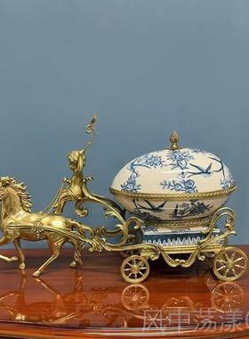 正品铜创意纯包瓷车马拉果盘件欧式美摆式客厅玄关陶瓷配铜收纳盒