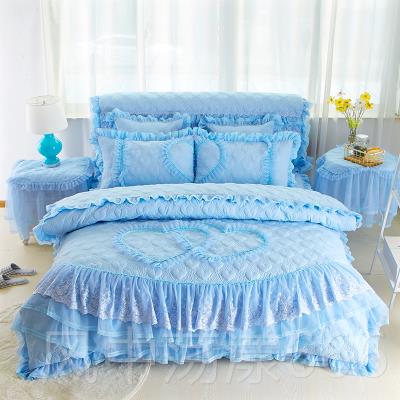 正品婚庆大红蕾公主风床单四件套加色厚夹棉床裙丝床花边罩被套4 - 图1