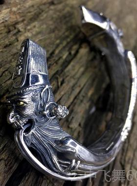 正品男款霸气黑一白无常开口手镯S生95纯银七爷见财八爷天下太平2