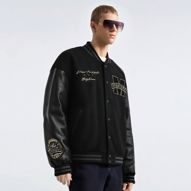 BODYDREAM heavy industry 3D three-dimensional embroidered leather baseball uniform men's 2026 spring new woolen coat jacket