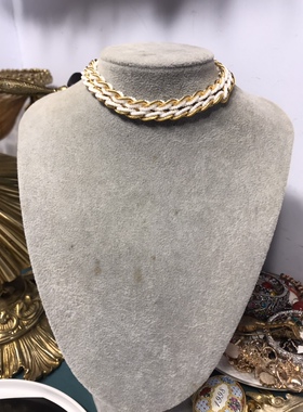 Vintage中古Trifari翠法丽金色白色米珠素链时尚长款项链80年代