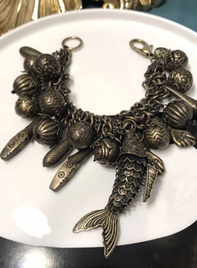 Vintage双鱼复古重工项链手链一套 鱼尾可动