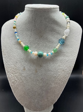 白色琉璃珍珠不规则冰裂捷克水晶珠短款项链长度45厘米左右