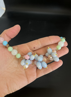 芝麻街原宿风粉色蓝色花朵项链糖果色琉璃珍珠短款项链