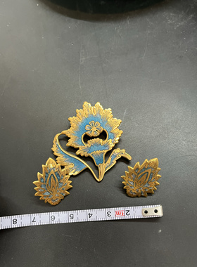 vintage中古MMA蓝色珐琅花卉耳环胸针 一套