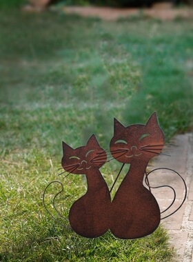 沐子欧式风花园铁锈两只小猫摆件