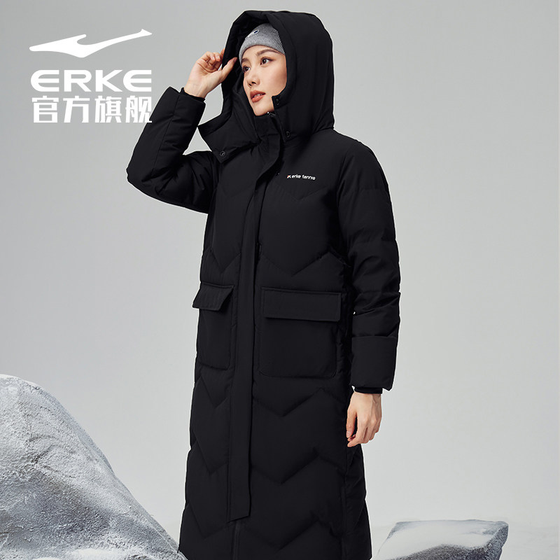 鸿星尔克羽绒服冬季女士连帽长款时尚羽绒大衣外套女款运动服女