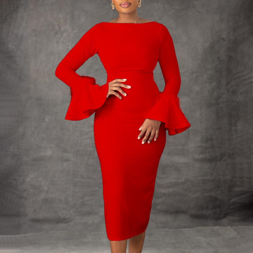 Women Long Sleeve dress red big size lady dresses OL female - 图1