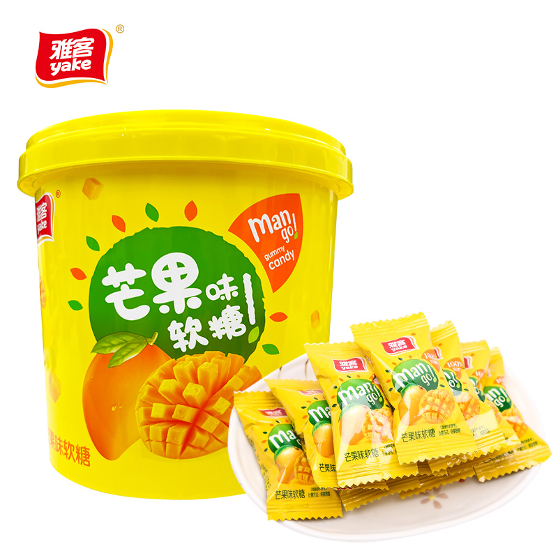 雅客芒果味软糖休闲糖果零食软糖桶芒果软糖零食桶装水果味糖689g