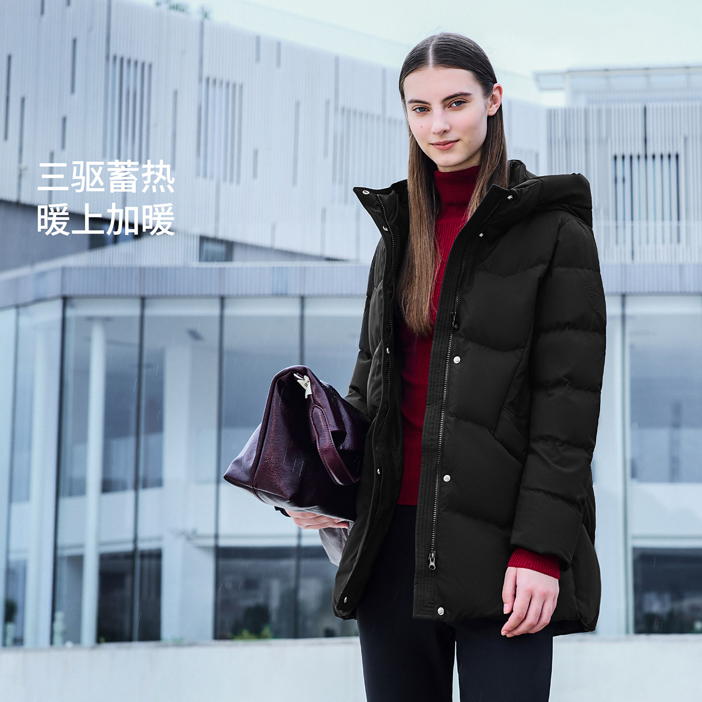 坦博尔冬季中国红中老年羽绒服妈妈款中长款连帽蓄热科技保暖外套