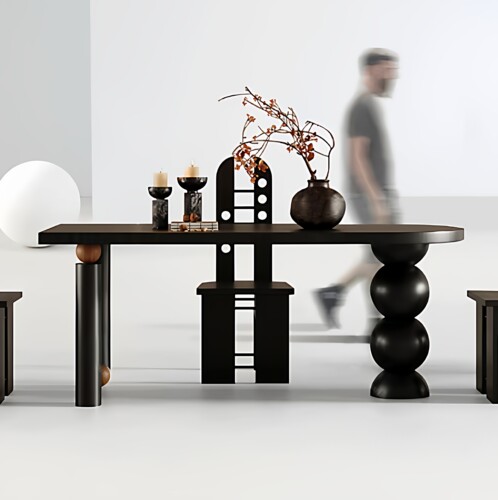 中古风设计师黑色实木餐桌现代简约长条桌小户型客厅工作台吃饭桌 - 图0