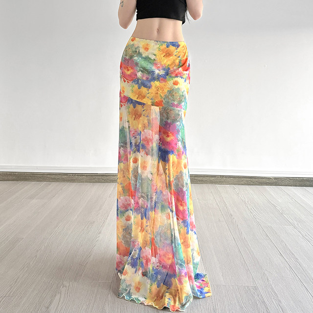 SWEETOWN Monet Flower Sea#Retro Oil Painting Printed Hip Long Skirt Niche Mesh Hot Girl Vacation Skirt