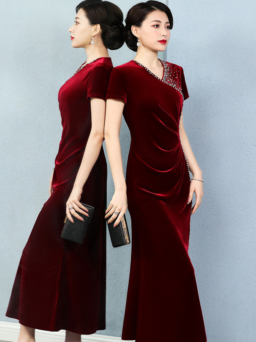 年轻婚庆婆婆婚宴金丝绒旗袍连衣裙 美舒饰中老年女装