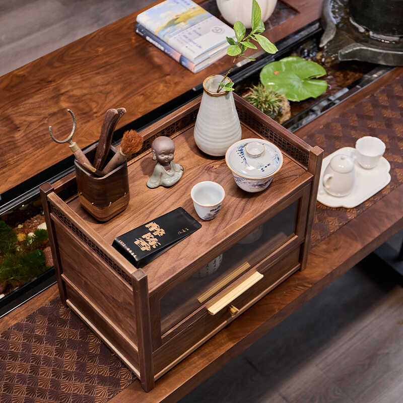 北美黑胡桃木茶具收纳架双层博古架带抽屉中式实木紫砂茶壶置物架 - 图2