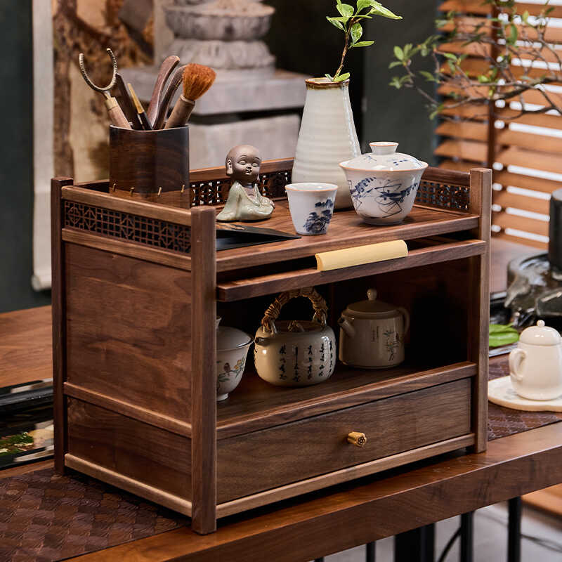 北美黑胡桃木茶具收纳架双层博古架带抽屉中式实木紫砂茶壶置物架 - 图0
