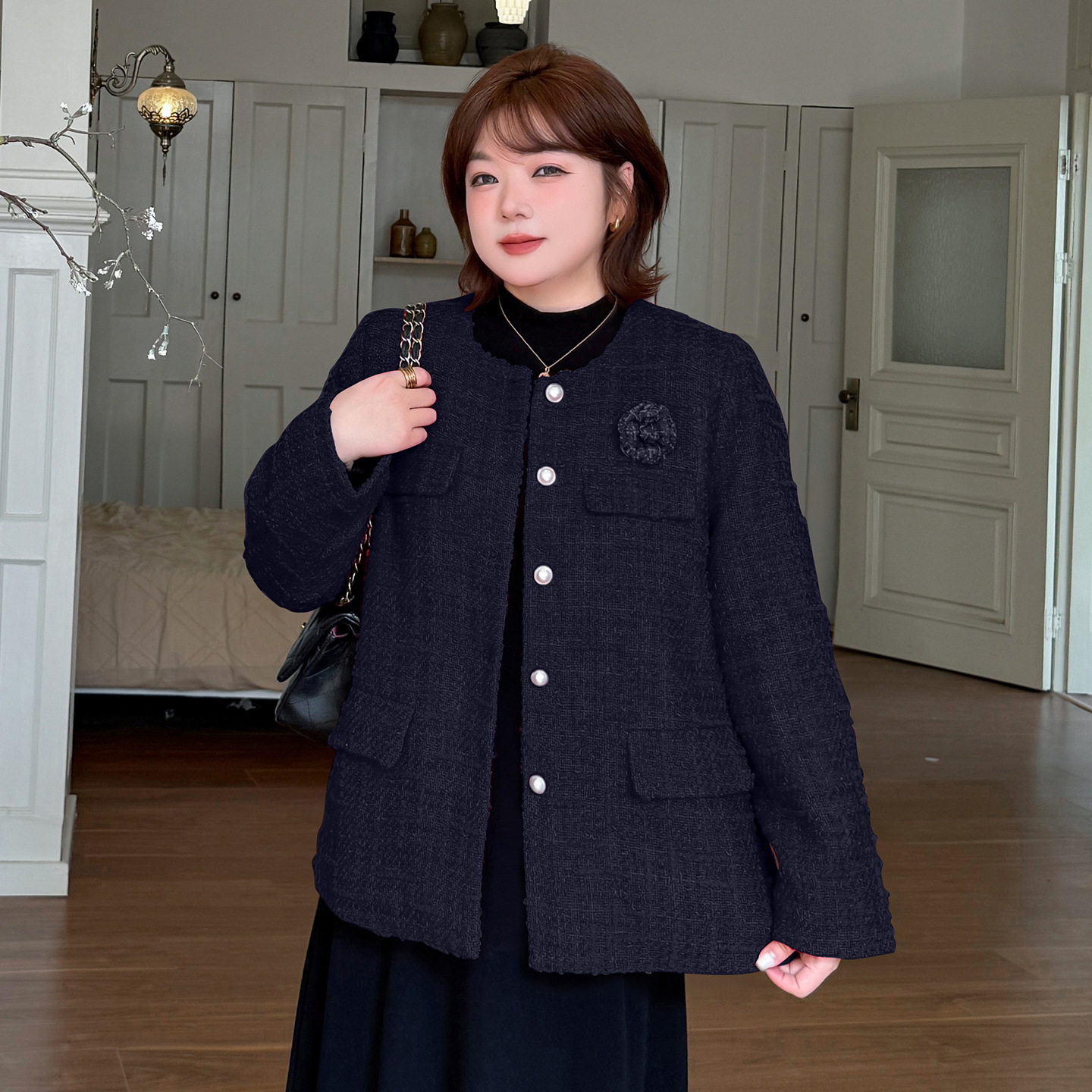 胖mm洋气山茶花胸针小香粗呢外套2025冬新款含羊毛保暖上衣433954,淘宝优惠券,粉丝福利购,淘宝优惠卷