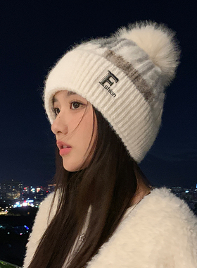 毛球帽子女冬季2026新款时尚可爱护耳针织毛线帽加厚保暖防寒棉帽
