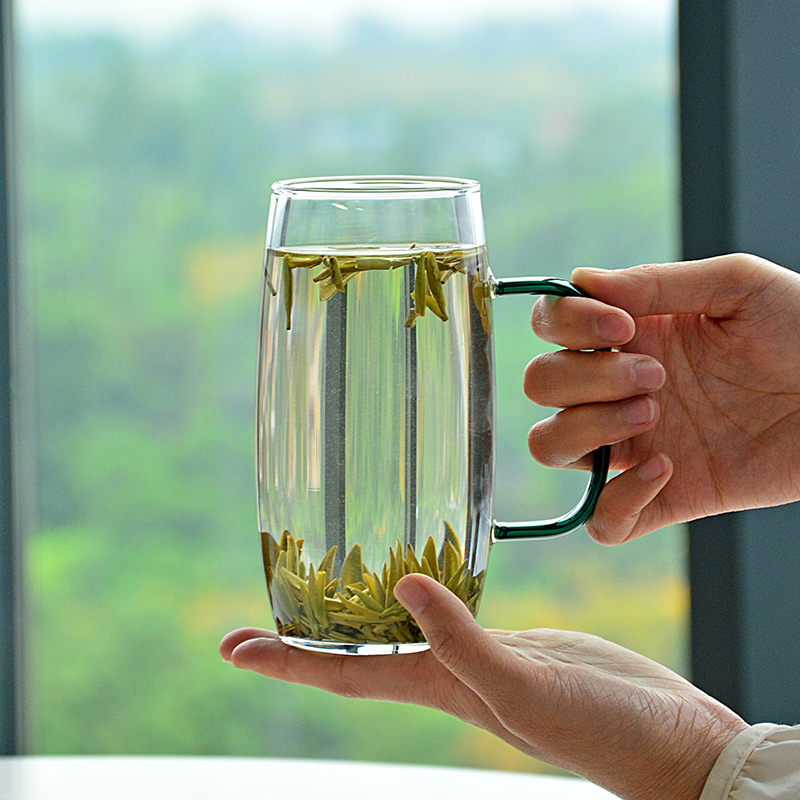 竹叶青绿茶杯高档雀舌嫩芽冲泡玻璃杯耐热带把手水杯细长瘦高厚底 - 图0