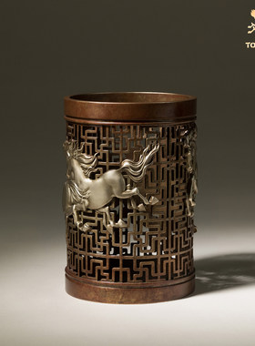 铜师傅《八骏笔筒》书房客厅铜摆件 家居工艺品 送领导或老师礼物