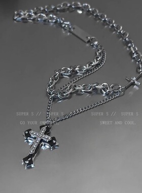 小众设计项链男潮高级感个性钛钢叠戴星芒十字架吊坠男生高街嘻哈