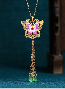 原创设计镀金中国风蝴蝶流苏项链