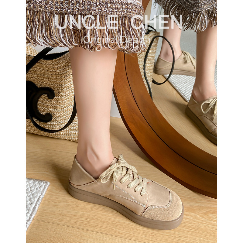 2026春新款复古文艺风深口单鞋女厚平底系带休闲鞋圆宽头乐福鞋,淘宝优惠券,粉丝福利购,淘宝优惠卷