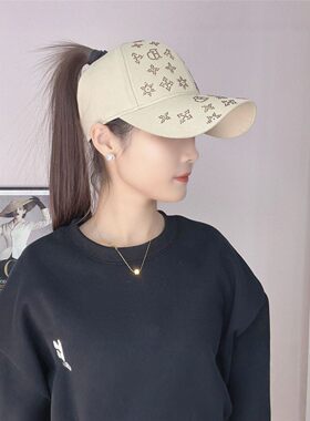 高马尾空顶棒球帽女士宽帽檐大脸显脸小水钻鸭舌帽夏季防晒遮阳帽
