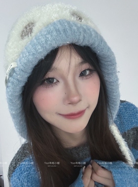 韩系ins波点撞色流苏护耳帽女秋冬季氛围感加厚保暖学生毛绒帽子