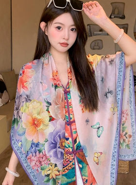 国风紫色牡丹仿真丝丝巾女春秋110cm大方巾围巾防晒纱巾沙滩披肩