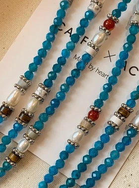 天然淡水小米珍珠蓝色锆石串珠项链女秋冬高级感小众锁骨颈链饰品