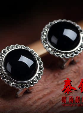 S925纯银复古手工泰银黑玛瑙绿玛瑙圆形气质简约耳环耳夹耳饰品