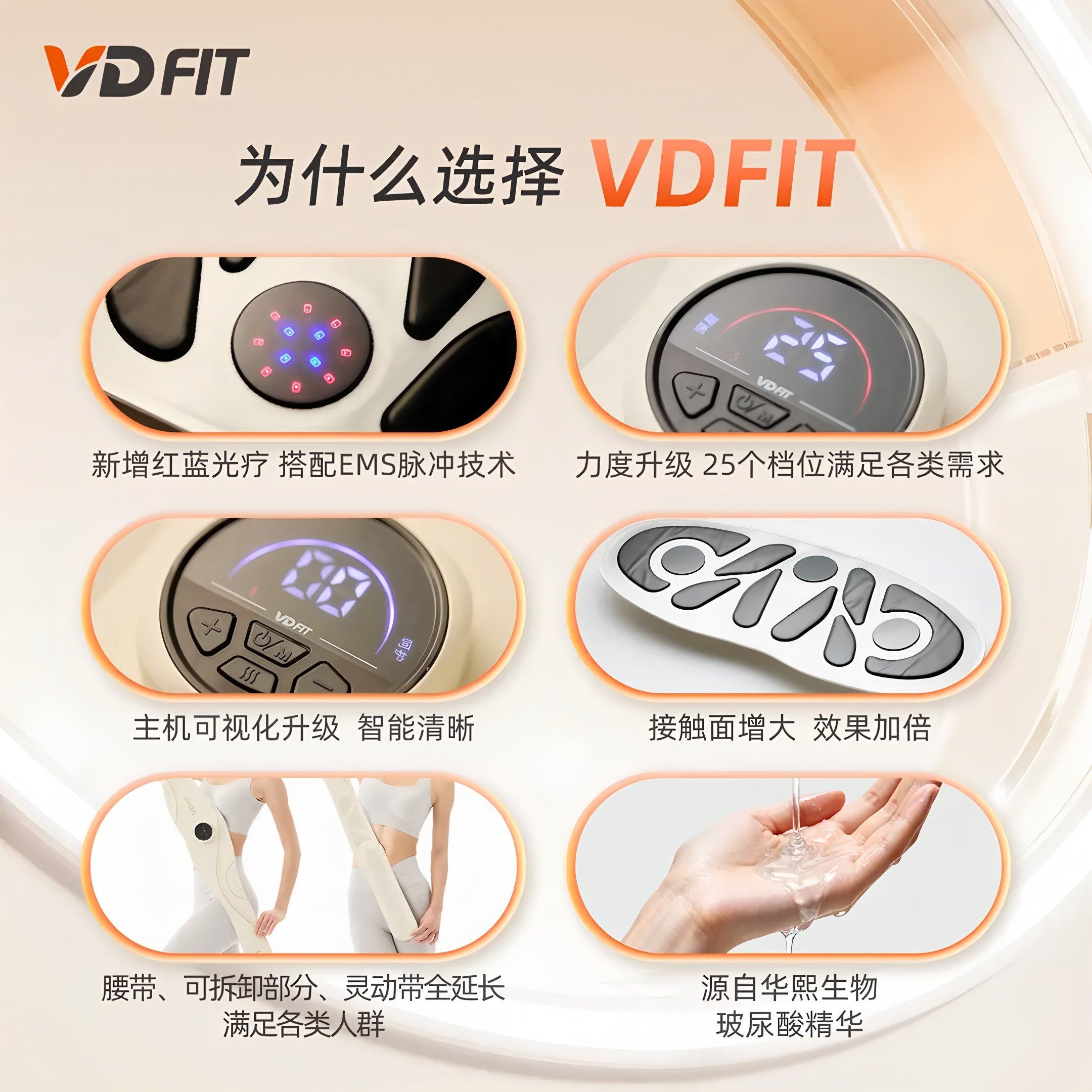 VD FIT全燃美塑仪EMS微电流红蓝光可以拆卸健身塑形按摩智能腰带,淘宝优惠券,粉丝福利购,淘宝优惠卷
