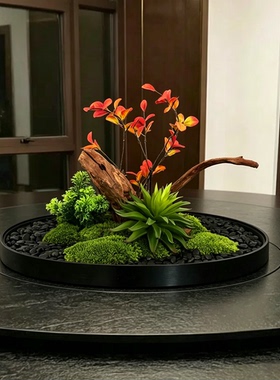 40cm圆桌中间摆件桌面景观迎客松仿真装饰摆花酒店新中式餐桌花