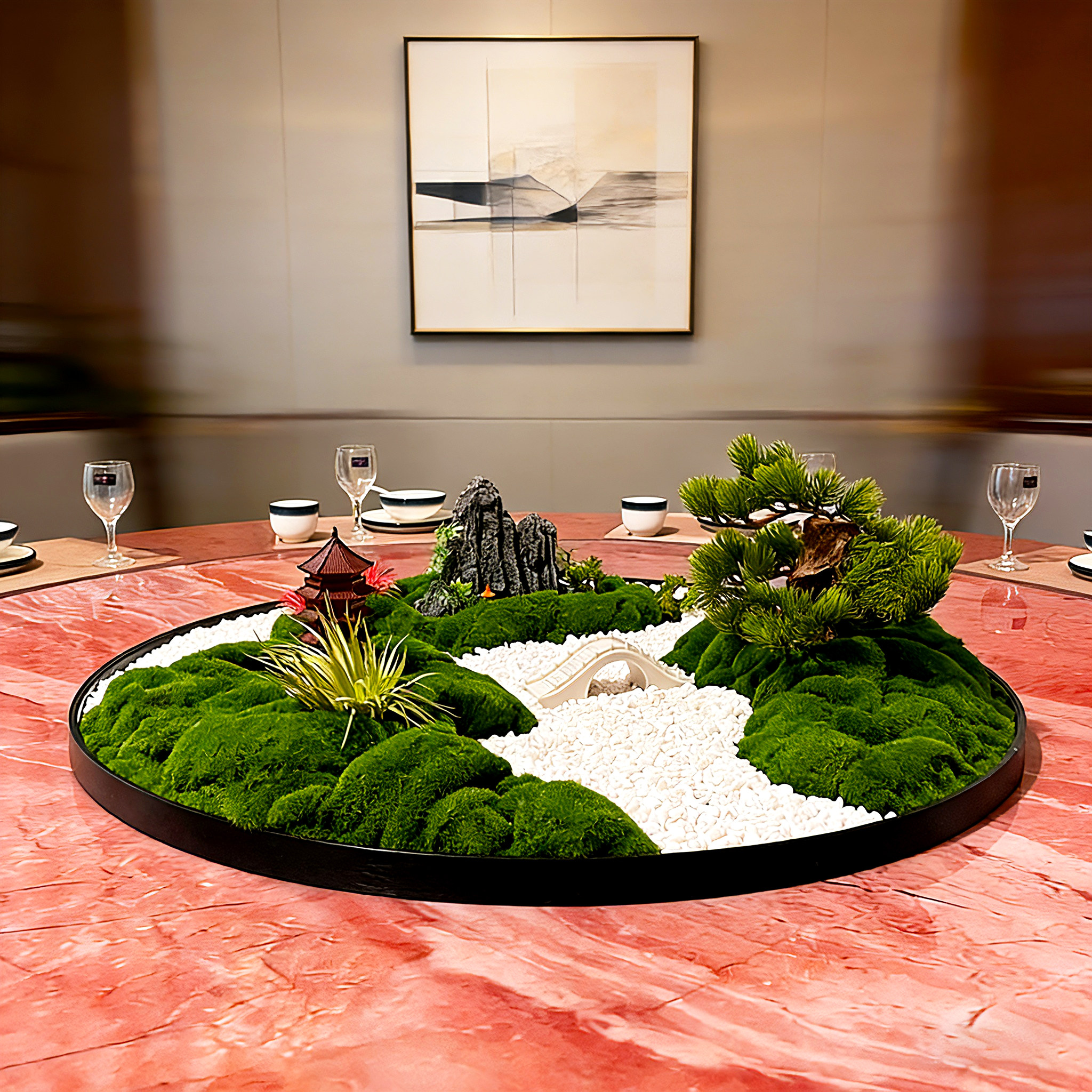 酒店圆桌摆花桌台轻奢风桌造景装饰品转盘盆景餐厅会所高级摆件感,淘宝优惠券,粉丝福利购,淘宝优惠卷