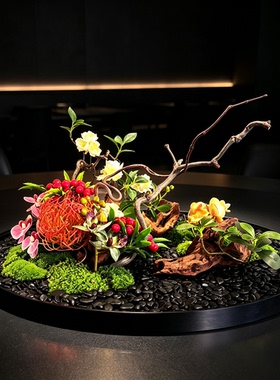 新中式餐桌花艺仿真植物永生苔藓装饰品酒店餐厅圆桌景观艺术摆件