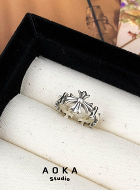 925纯银十字架尾戒复古做旧款戒指女vintage风气质设计感线条饰品