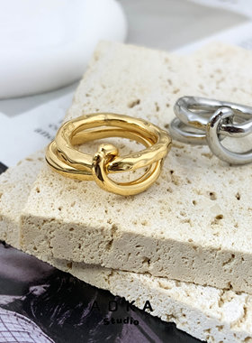 欧美创意设计交叉缠绕绕扭结双圈中性风戒指摩登酷帅个性大拇指环