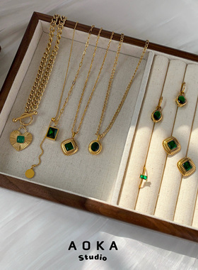 欧美ins复古风绿色锆石钛钢镀金系列项链耳环戒指法式气质饰品女