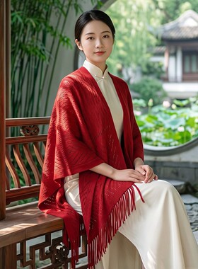 秋冬针织镂空流苏披肩斗篷薄款