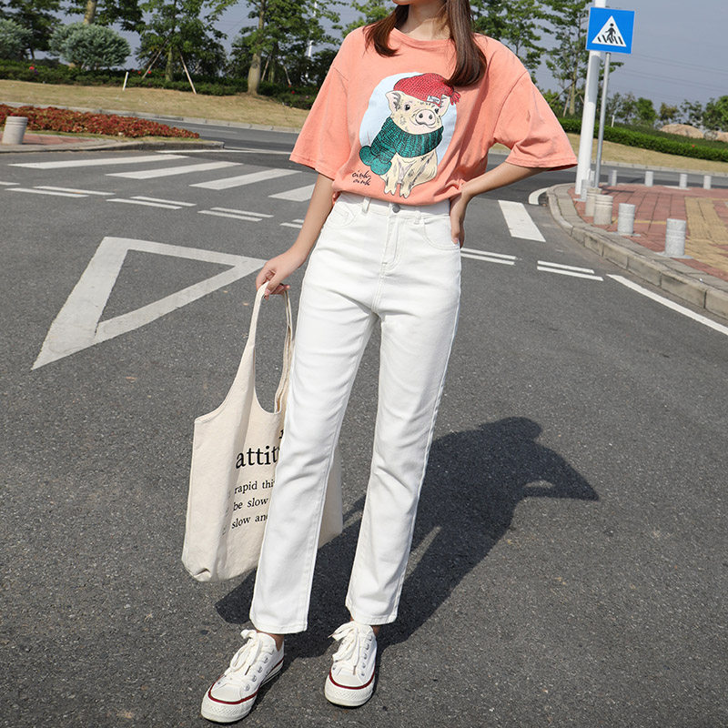 白色烟管裤子女高腰显瘦百搭牛仔裤 卓奈雅牛仔裤