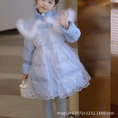 女童羽绒棉服公主保暖外套冬季洋气棉袄儿童冬装加厚中长款棉衣 - 图1