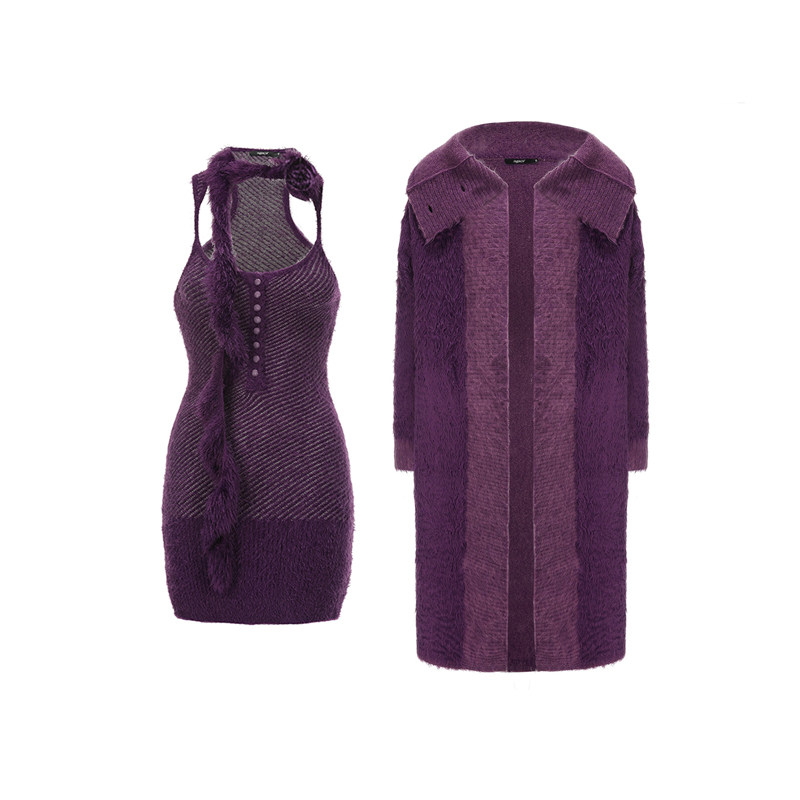 AGAM 秋冬紫色慵懒羽毛纱长款毛衣开衫+纯欲辣妹针织吊带裙套装女,淘宝优惠券,粉丝福利购,淘宝优惠卷
